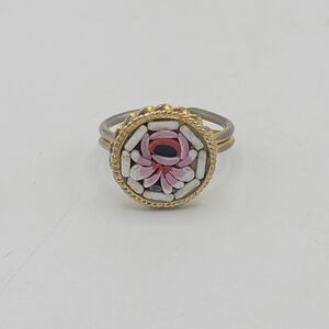 Micro Mosaic Adjustable Ring Round Rose Floral Italy Glass Tesserae 60s Vintage